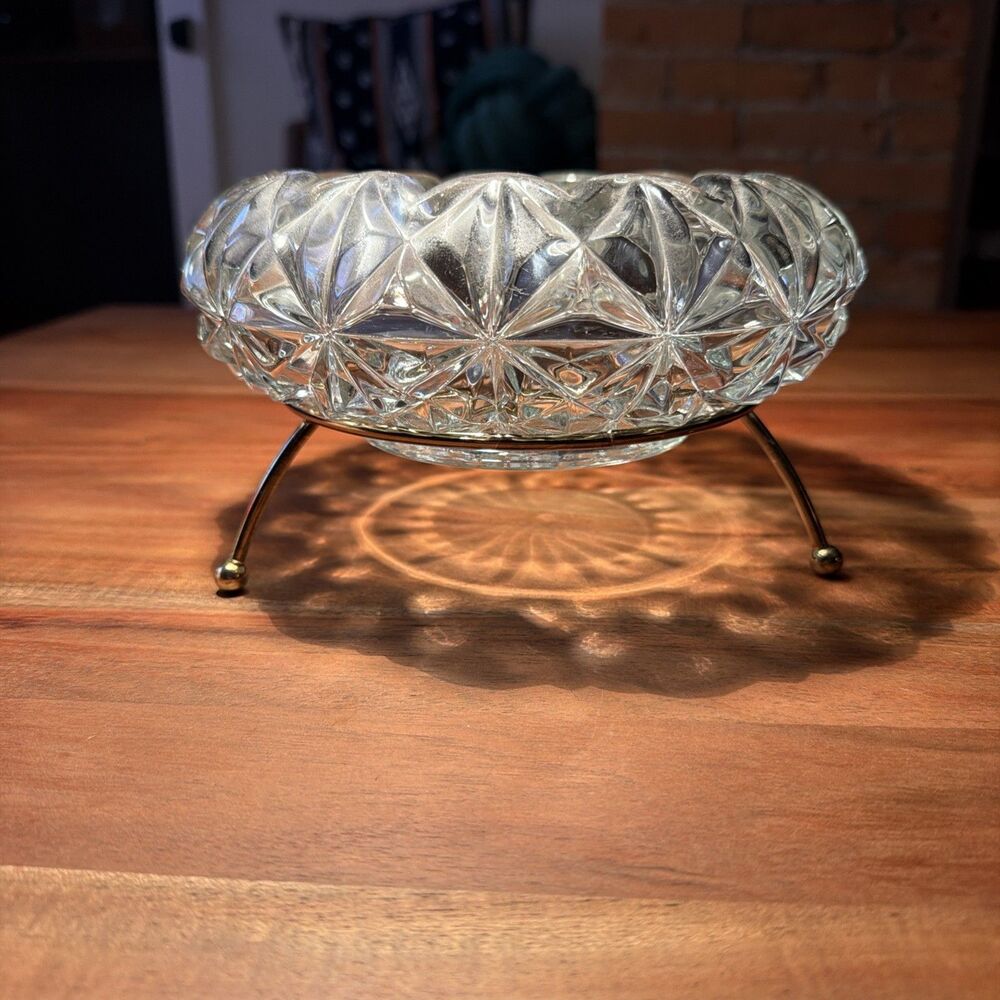 Vintage Hollywood Regency Crystal Candy Dish With Three Leg Brass Stand Gorgeous